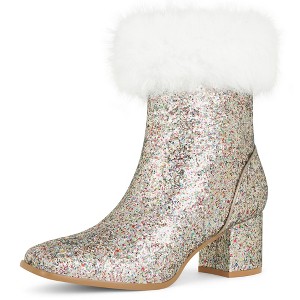 BLISSFUL STEP Women's Faux Fur Glitter Square Toe Chunky Heel Ankle Boots - 1 of 4