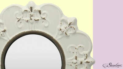 Antique White 8" Round Ceramic Fleur de Lis Wall Mirror