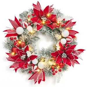 24 Inch Pre-Lit Christmas Wreath with Lights, Xmas Wreath with Christmas Decorations for Front Door - 1 of 4