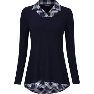 Women's Contrast Collared Shirts Patchwork Work Blouse Tunics Tops - 1 of 4