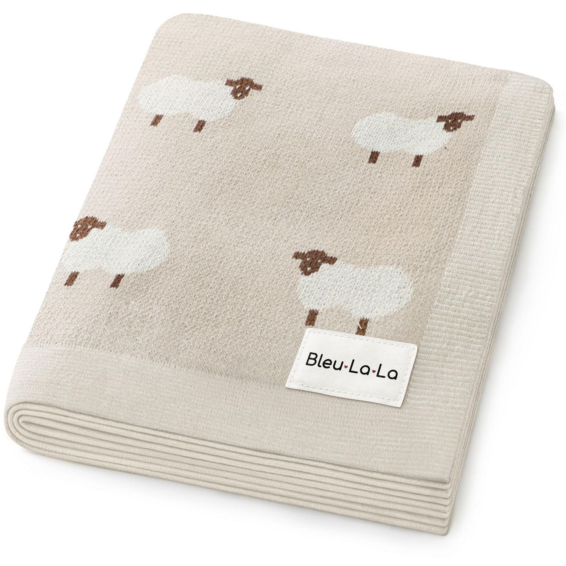 Bleu La La 100% Luxury Cotton Knit Swaddle Receiving Blanket for Blanket for Newborn and Infant Boys and Girls - Sheep - Khaki