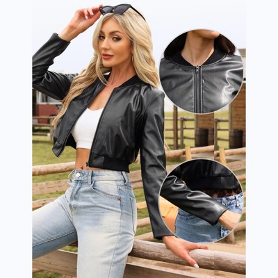 INSPIRE CHIC Women's Long Sleeve Crew Neck Faux Leather Casual Cropped Bomber Jacket Large Silver — фото 2