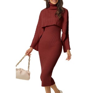 Seta T Women's Spring Fall 2 Piece Outfits Knitted Long Sleeve Turtleneck Sweaters with Tank Bodycon Midi Sweater Dress Set - 1 of 4