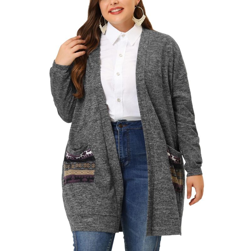 Agnes Orinda Women's Plus Size Long Sleeve Patch Pocket Open Front Knit Sweater Cardigan, 2 of 6