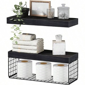 Bathroom shelves over toilet wall mounted floating shelves toilet paper storage small farmhouse decor shelf 16 inch set of 2 black - 1 of 4