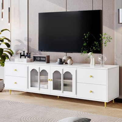 70.9''W Modern TV Stand for TVs up to 75" with Metal Legs and Handles, Entertainment Center with Glass Doors and 4 Drawers - ModernLuxe