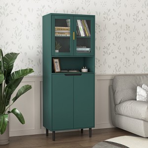 Tall Storage Cabinet with Tempered Glass Doors, Adjustable Shelves, 4 Doors, MDF Painted Finish, Bookcase for Living Room Bedroom Office - 1 of 4