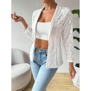 Women's Lace Trim 9/10 Sleeve Open Front Cardigan Lightweight Cover Up Casual Fall Jacket - 1 of 4