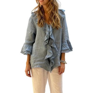 V Neck Single Breasted Button T Shirts for Women Fashion Flowy Ruffled 3/4 Bell Sleeve Baggy Blouses Tops - 1 of 4