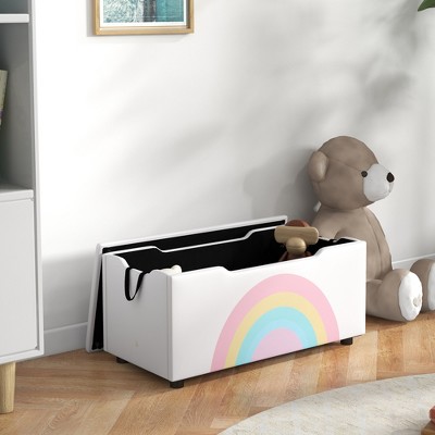 White Kids' Toy Storage Bench with Rainbow Graphic
