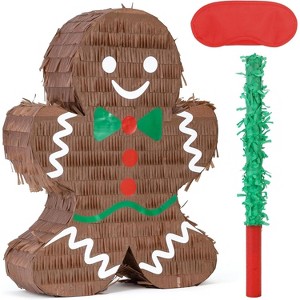 Christmas Gingerbread Man Pinatas Bundle with a Blindfold and Bat, Holiday Theme Piñata - 1 of 4