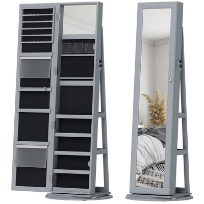 HOMCOM Jewelry Cabinet, 360° Swivel Jewelry Armoire with Full-Length Mirror, Storage Shelves, Interior Small Mirror, for Bedroom Living Room, Gray