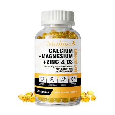 Mulittea Calcium Magnesium Zinc Capsules with Vitamind3 for Strong Bones & Teeth | Heart & Immune Support, 120 Count