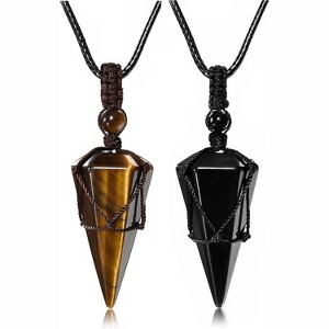 6-Facet Healing Crystal Necklace, Adjustable Natural Gemstone Pendant for Men & Women Black Rope - Tiger Eye Stone+Black Obsidian - 1 of 4