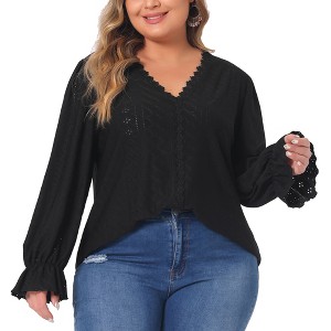 Agnes Orinda Women's Plus Size Hollow Ruffle Long Sleeve V Neck Eyelet Lace Crochet Casual Blouses - 1 of 4