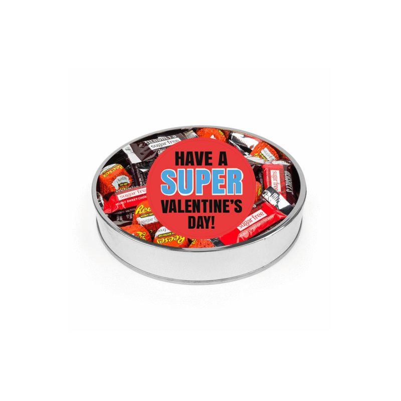 Valentine's Day Sugar Free Candy Gift Tin for Kids Large Plastic Tin with Sticker and Hershey's Chocolate & Reese's Mix - Super Hero - By Just Candy, 1 of 2