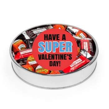 Valentine's Day Sugar Free Candy Gift Tin for Kids Large Plastic Tin with Sticker and Hershey's Chocolate & Reese's Mix - Super Hero - By Just Candy