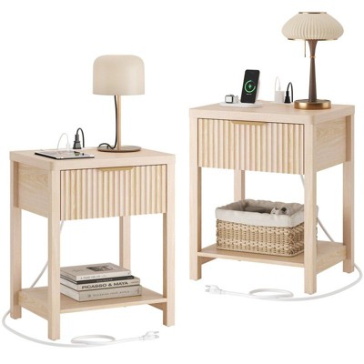 Gikpal Fluted Nightstand, Bedside Tables with Charging Station, Boho Side Tables with Drawer & Open Compartment for Bedroom