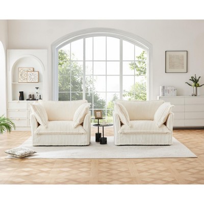 NicBex Couches for Living Room Single Deep Seat Sofa Couch Set of 2 Corduroy Slip-covered Armchair with Footstool and Big Toss Pillows, Cream
