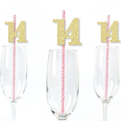 Big Dot of Happiness Gold Glitter 14 Party Straws - No-Mess Real Gold Glitter Cut-Out Numbers & Decorative 14th Birthday Party Paper Straws - 24 Ct