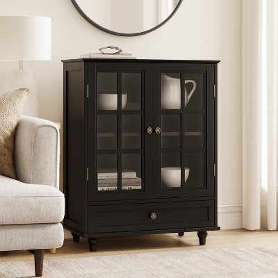 Homy Casa Glass Door Display Cabinet with Drawer Storage and Classic Frame for Dining Room or Entryway, Black