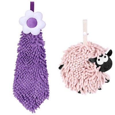 REGALWOVEN Flower and Sheep Shape Absorbent Fast Drying Chenille Hand Towels with Hanging Loop 6" x 15"/7" x 7" 2 Packs