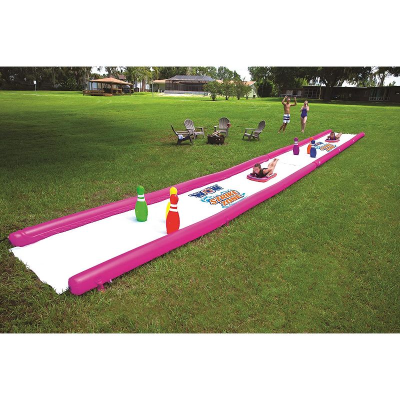 WOW Watersports 25 Foot Long Inflatable Strike Zone Outdoor Waterslide with Slippery Embossed PVC, Built In Sprinklers, 2 Sleds, and 6 Bowling Pins, 5 of 7