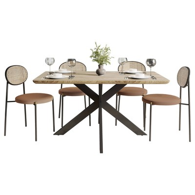LeisureMod Ravenna 5-Piece Dining Set - 63" Rectangular MDF Top Dining Table in Maple & 4 Velvet Dining Chairs in Black Steel Legs