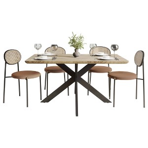 LeisureMod Ravenna 5-Piece Dining Set - 63" Rectangular MDF Top Dining Table in Maple & 4 Velvet Dining Chairs in Black Steel Legs - 1 of 4