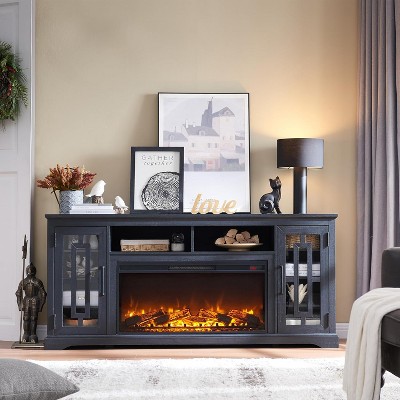 SinCiDo 36" Electric Fireplace TV Stand for 80 Inch TV, Farmhouse Media Console w/6 Shelves, 32" Tall Entertainment Center w/Storage