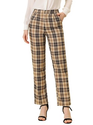 Allegra K Women's Plaid Tartan High Waisted Button Casual Pants Brown Plaid  Small