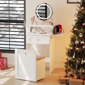 FONTOI 29.3"W Makeup Vanity Desk with Round Mirror and Adjustable Lights 2 in 1 Nightstand for Bedroom Dressing Room, White, 29.33"*15.83"*54.09" - 1 of 4