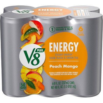 V8 +ENERGY Peach Mango Energy Drink - 6pk/8 fl oz Cans