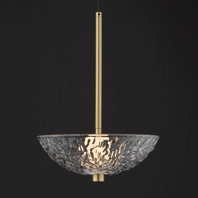 Satin Brass LED Pendant Light with Textured Clear Glass Bowl