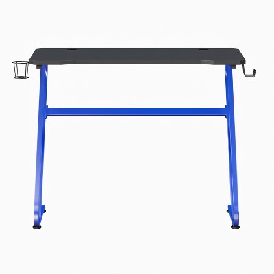 Sleek Blue and Black Ergonomic Gaming Desk with Cup Holder and Headphone Hook