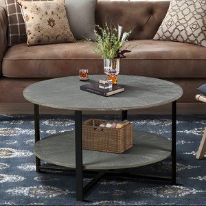 VYNXARIA 31.5x31.5x18.3 Round Coffee Table With 2-Tier Storage,Farmhouse Living Room Cocktail Table With Black Metal Leg,Easy Assembly - 1 of 4