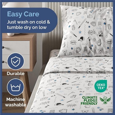 Queen Blue and White Baseball Print Microfiber Sheet Set
