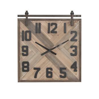 27"x24" Wooden Sliding Barn Door Style Wall Clock Brown - Olivia & May