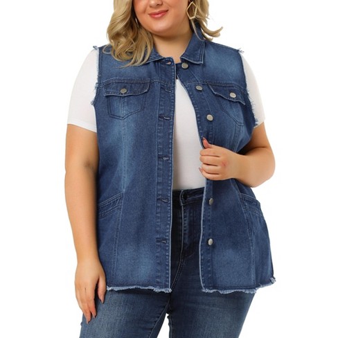 Agnes Orinda Women's Plus Size Denim Button Down Raw Hem Jacket Vest ...