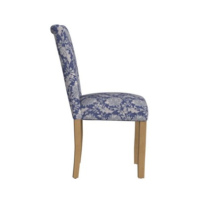Blue Floral Upholstered Parsons Side Chair with Wood Legs, Set of 2