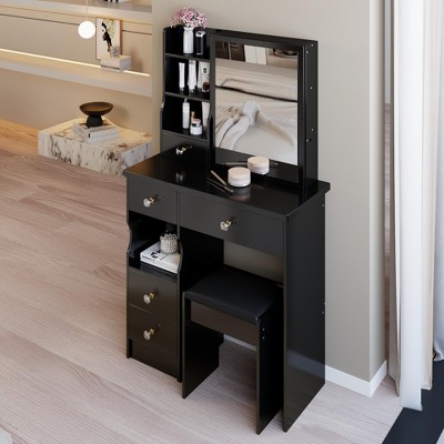 Vynxaria 29.2" Small Space Vanity Table with Cushioned Stool and Extra Large Sliding Mirror