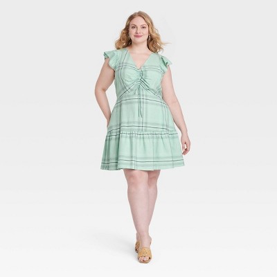 Women's Flutter Short Sleeve Mini Skater Dress - Universal Thread™ Green Plaid 2X