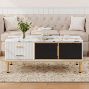 Modern Coffee Table with 4 Drawers and Glass-Front Cabinets, Faux Marble Fluted Panel Design, Rectangular Storage Table - 1 of 4