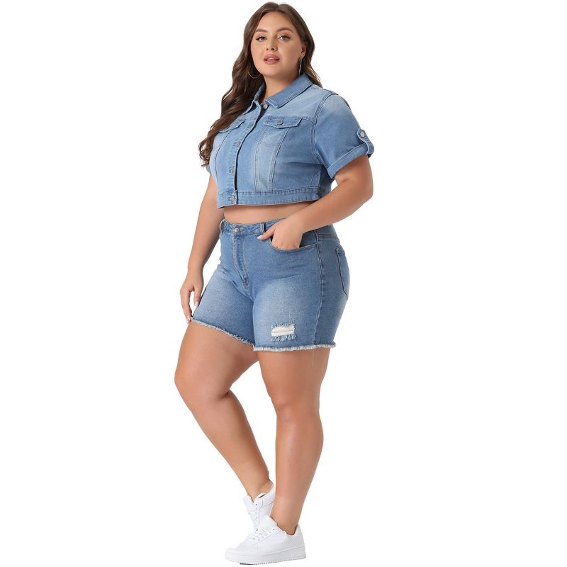 Agnes Orinda Women's Plus Size Button Front Trendy Washed Rolled Sleeves Cropped Jean Jackets, 3 of 6