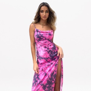 YESFASHION Womens Cowl Neck Spaghetti Strap Tie Dye Side Slit Slip