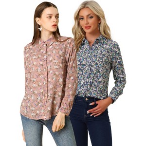 INSPIRE CHIC Women's Point Collar Long Button Sleeve Button Down Floral Shirt 2 Packs - 1 of 4