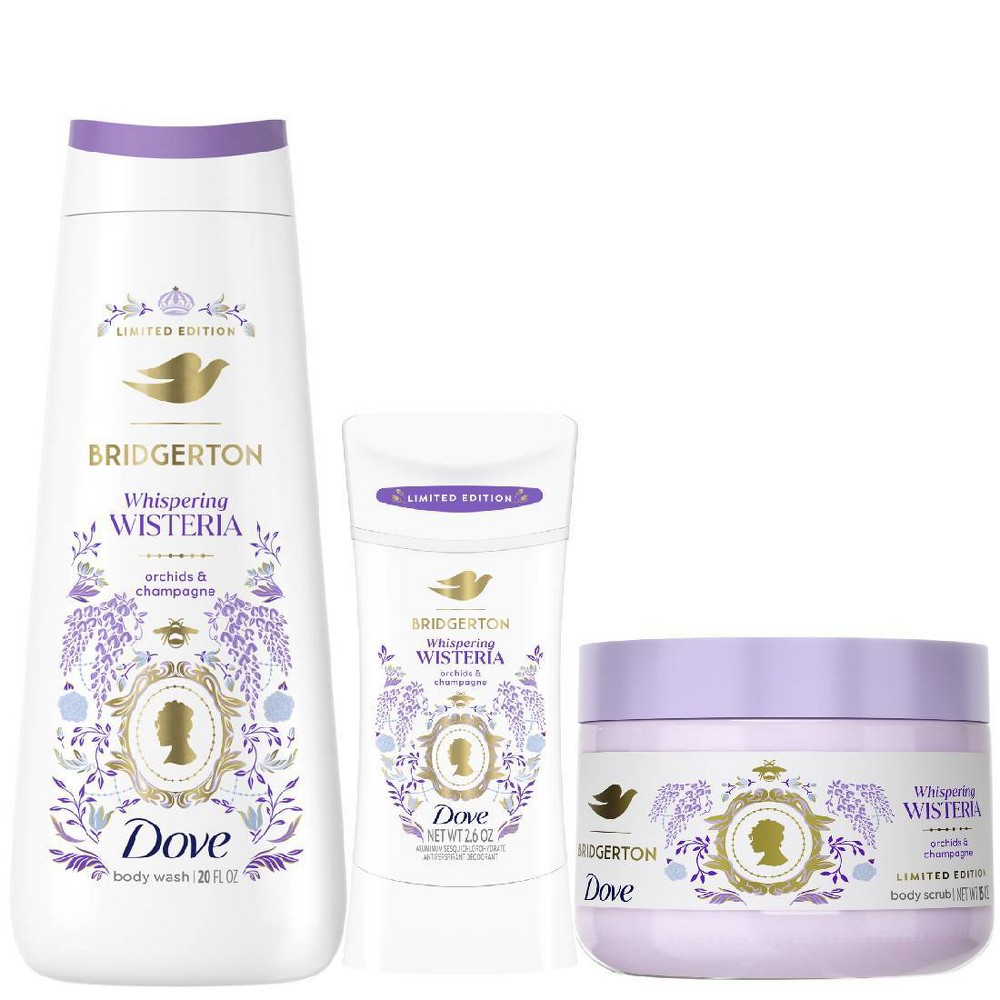 Dove Beauty Limited Edition Bridgerton Whispering Wisteria 20oz Body Wash + 15oz Body Scrub + 2.6oz Antiperspirant & Deodorant Stick