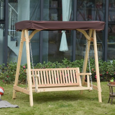 Natural Fir Wood 2-Seater Porch Swing with Brown Canopy