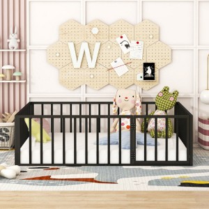 Full Size Metal Floor Bed Frame with Fence and Door - 1 of 4