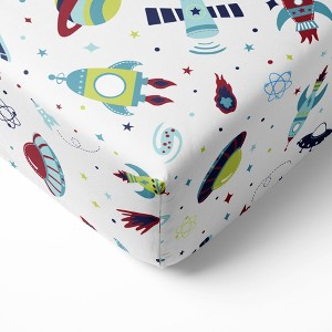 Bacati - Airspace Aqua Navy Red Lime Orange 100 percent Cotton Universal Baby US Standard Crib or Toddler Bed Fitted Sheet - 1 of 4